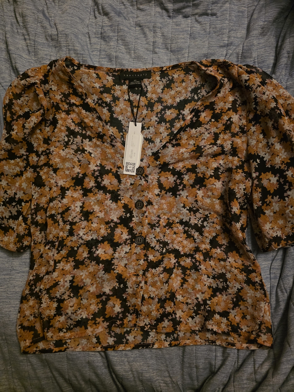 Sanctuary Black Floral Button-Front Puff Sleeve Blouse